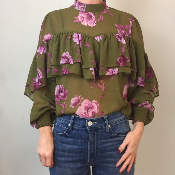 Tops - Designer Olive Green Pink Flower Sheer Boho Blouse